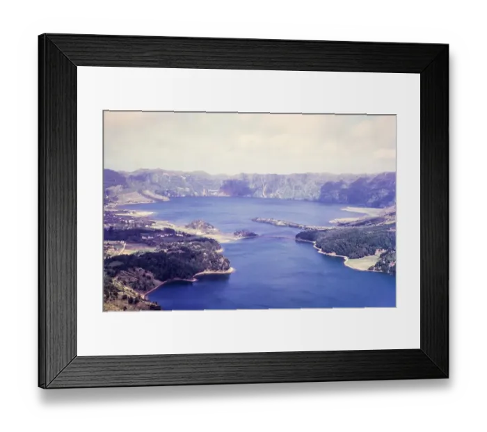Framed Print : Oblique aerial view of Lagoa Azul and Lagoa verde, blue and green lake, Lagoa das Sete Cidades, Sao Miguel Island, Azores, Portugal, April 1964, Europe
