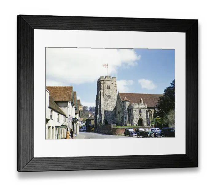 Framed Print : Vintage car, parked in front of the village church of Saint George, Wrotham, Kent, England, UK 1956 Framed Print : Vintage car, parked in front of the village church of Saint George, Wrotham, Kent, England, UK 1956