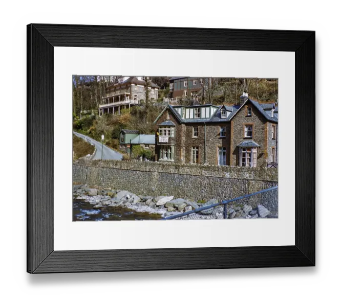 Framed Print : Hotel guest houses Aberlyn and Tregonwell on the River Lynn, Lynmouth, North Devon, England, United Kingdom 1950s Tregonwell is now Glenville House