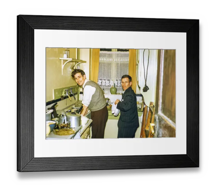 Framed Print : Two men washing dishes in the kitchen of a house, Great Britain 1956