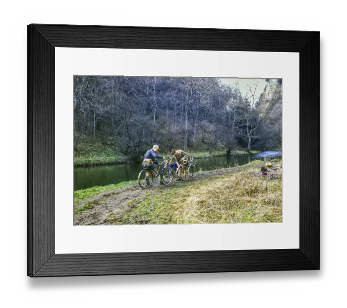 Framed Print : Two male cyclists tending to their bicycles on a muddy path by the River Dove, Dovedale, Peak District National Park, Derbyshire, England, Great Britain 1956 Framed Print : Two male cyclists tending to their bicycles on a muddy path by the River Dove, Dovedale, Peak District National Park, Derbyshire, England, Great Britain 1956