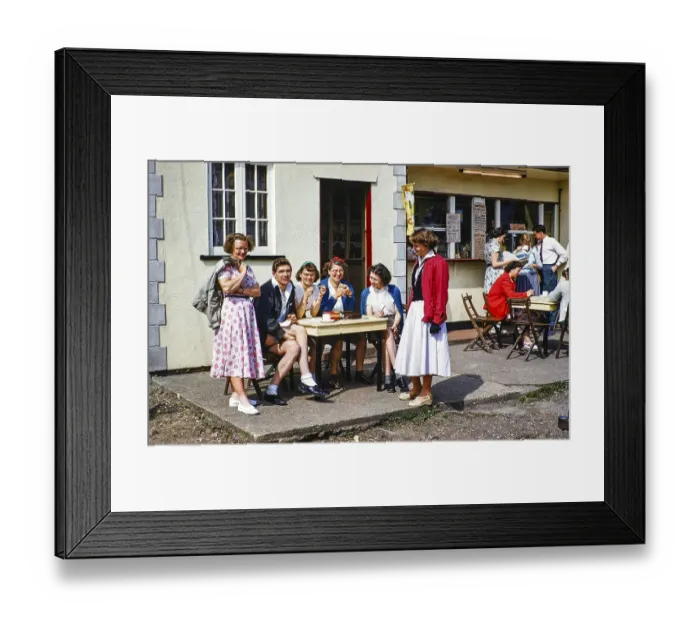 Framed Print : Group of young people sitting in front of a cafe, 1950 1955, England, UK Framed Print : Group of young people sitting in front of a cafe, 1950 1955, England, UK