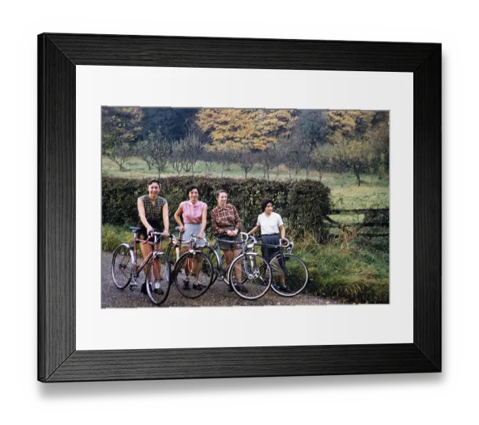 Framed Print : Four young women and their bicycles, cycling club ride in Kent, England, UK 1956