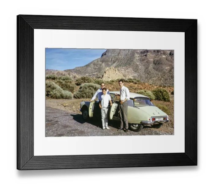 Framed Print : Man and two boys standing next to a Citreon car, Teide National Park, Tenerife, Canary Islands, Spain 1963
