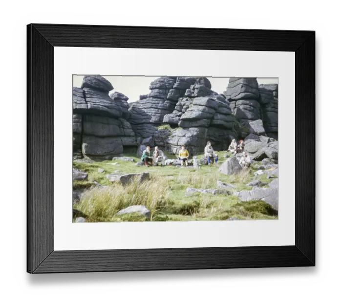 Framed Print : Lunch break for walkers at Yes Tor, Dartmoor National Park, Devon, England, UK 1972 Framed Print : Lunch break for walkers at Yes Tor, Dartmoor National Park, Devon, England, UK 1972