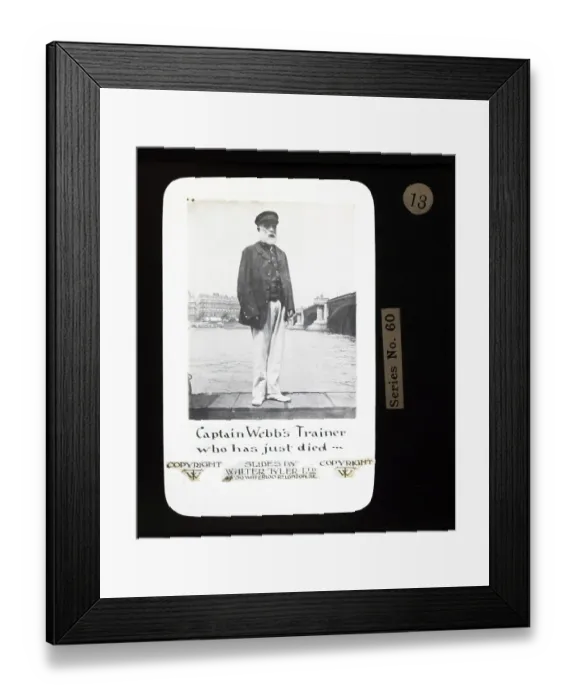 Framed Print : Captain Webb's coach who has just died, Walter Tyler Ltd magic lantern slide c 1910, Marcus Bibbero 1837-1910 The Human Fish