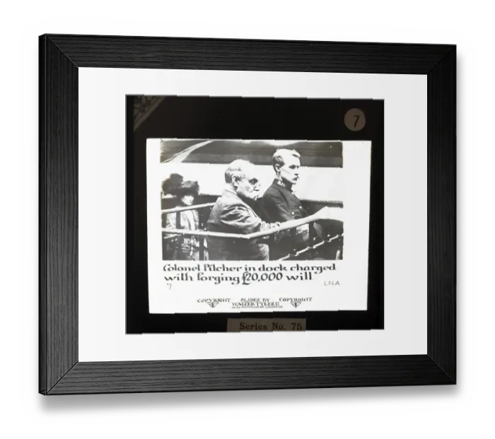 Framed Print : Colonel Pilcher in the dock, accused of forging a will worth £20, 000, Laterna Magica by Walter Tyler Ltd. around 1910 Framed Print : Colonel Pilcher in the dock, accused of forging a will worth £20, 000, Laterna Magica by Walter Tyler Ltd. around 1910