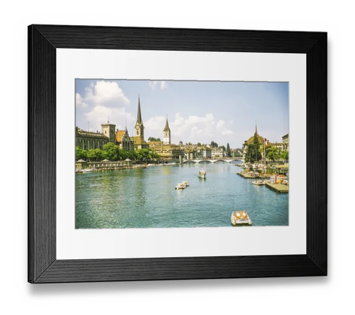 Framed Print : Historic buildings and cathedral bridge Bridge boats on the Limmat in the city centre, Zurich, Switzerland, Europe 1950s, Europe Framed Print : Historic buildings and cathedral bridge Bridge boats on the Limmat in the city centre, Zurich, Switzerland, Europe 1950s, Europe