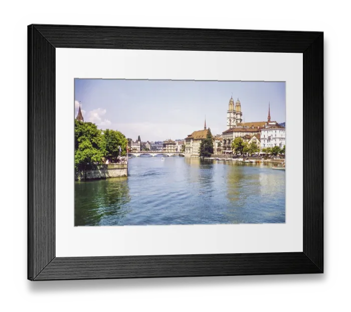Framed Print : Historic buildings and cathedral bridge on the Limmat in the city centre, Zurich, Switzerland, Europe 1950s, Europe