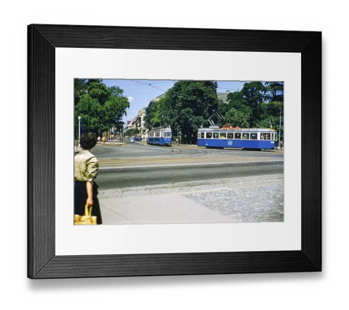 Framed Print : Blue tram trolleybuses in the city centre, Zurich, Switzerland, Europe 1950s, Europe