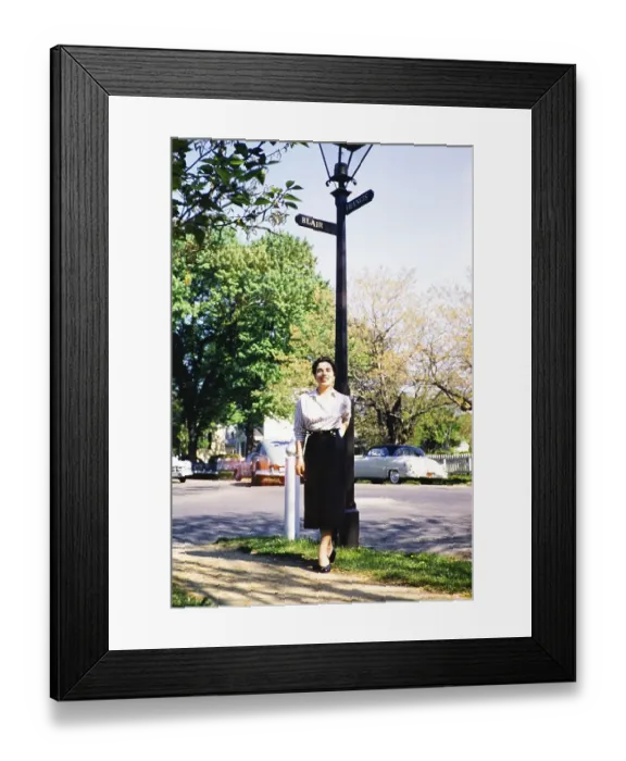 Framed Print : Full-length portrait of elegantly dressed woman outdoors Location, Williamsburg, Virginia, USA USA c 1953 NB) Image error Damage