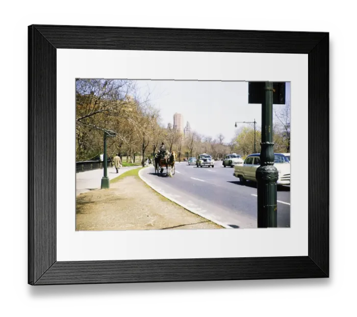 Framed Print : Horse-drawn carriage ride on a busy street, West Drive, Central Park, New York, USA around 1953