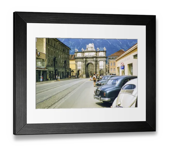 Framed Print : Triumphal arch in Maria-Theresien-Strasse street city centre of Innsbruck, Austria, Europe 1950s - cars parked outside Hotel Greif, Europe Framed Print : Triumphal arch in Maria-Theresien-Strasse street city centre of Innsbruck, Austria, Europe 1950s - cars parked outside Hotel Greif, Europe