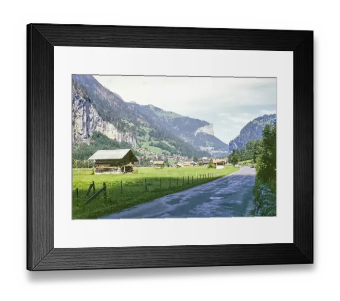 Framed Print : Traditional Swiss buildings on the valley floor, village in the Lauterbrunnen Valley, Canton of Bern, Switzerland, Europe, 1963, Europe