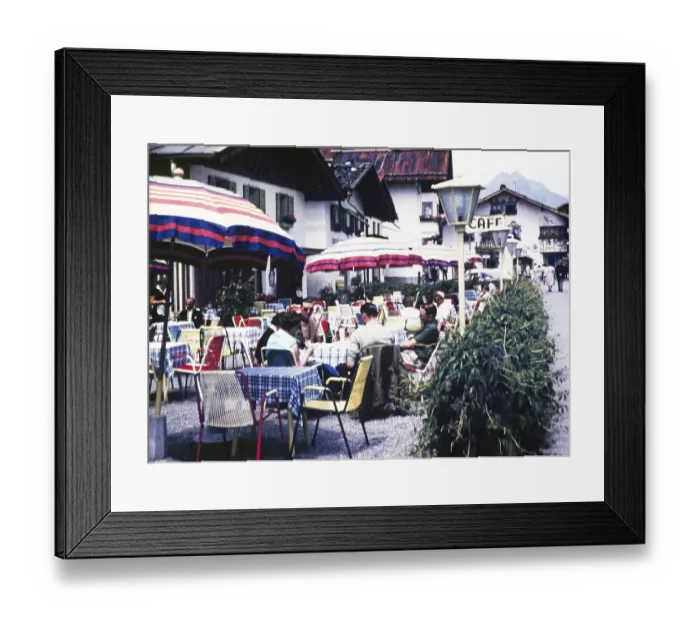 Framed Print : People sitting at the tables of a cafe in the village of Seefeld, Tyrol, Austria, Europe 1960, Europe