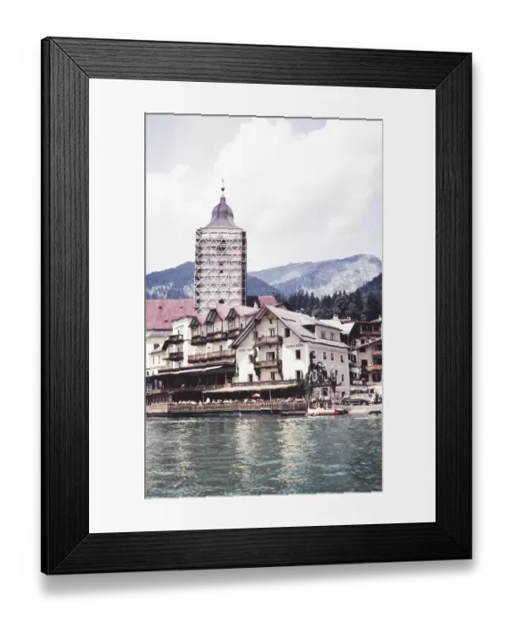 Framed Print : Hotel Weisses Rossl, White Horse Inn, Lake Wolfgangsee, St. Wolfgang im Salzkammergut, Austria, Europe 1960 - scaffolding on church under repair, Europe