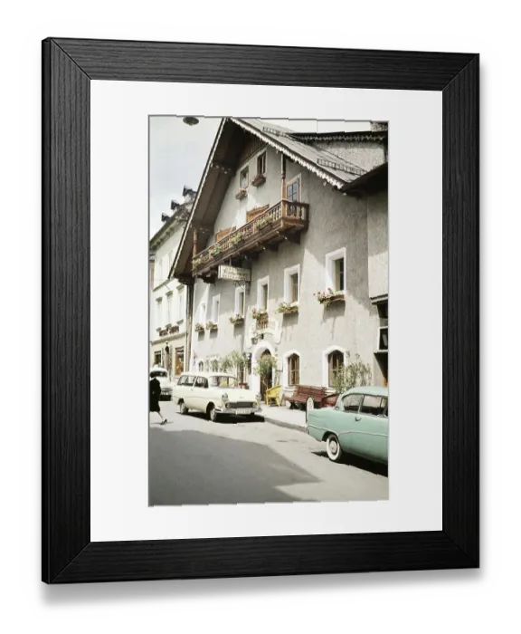 Framed Print : Traditional inn restaurant building, Gasthof Fischerwirt, Zell am See, Austria, Europe 1960 Opel Rekord Caravan car, Europe