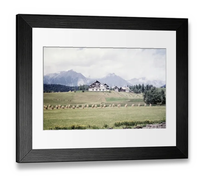 Framed Print : Traditional rural alpine architecture of a building in the village of Seefeld, Tyrol, Austria, Europe 1960, Europe