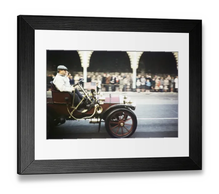 Framed Print : Vintage car with American flag at the finish of the vintage car rally from London to Brighton, 6 November 1960, Brighton, Sussex, England, UK