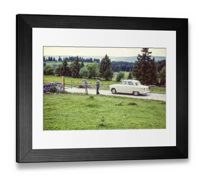 Framed Print : Austin Cambridge A55 with British GB licence plates on a country lane in Switzerland, Europe 1961