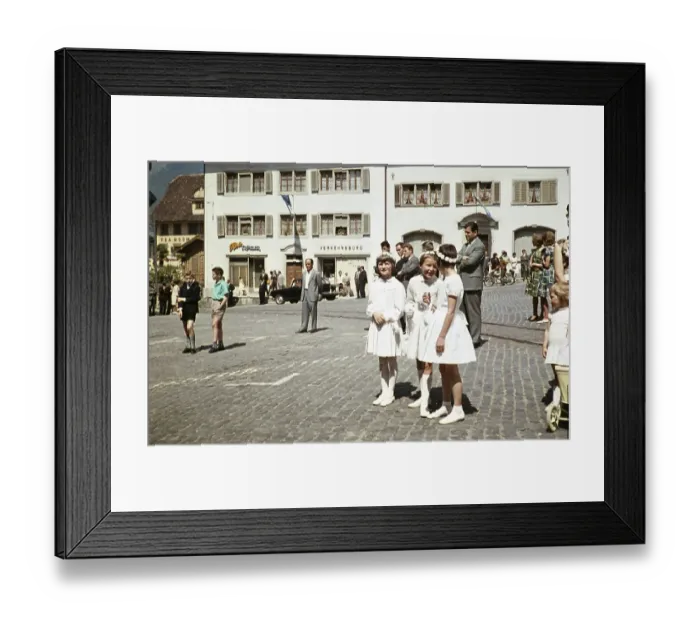 Framed Print : Pretty girls and people in town square, Corpus Christi parade, Schwyz, main square, Switzerland, Europe, 1959, Europe