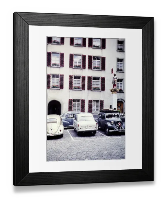 Framed Print : Parked cars next to the Renaissance fountain statue of the Vennerbrunnen, City of Bern, Switzerland, Europe 1961, Europe