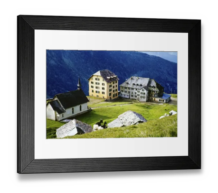 Framed Print : Hotel Belalp building and church, Belalp, Bernese Alps, Switzerland, Europe around 1960, Europe Framed Print : Hotel Belalp building and church, Belalp, Bernese Alps, Switzerland, Europe around 1960, Europe
