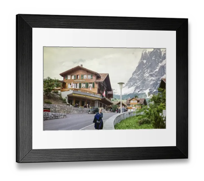 Framed Print : Hotel Restaurant Fiescherblick in the alpine village of Grindelwald, Canton of Bern, Switzerland, Europe 1961, Europe