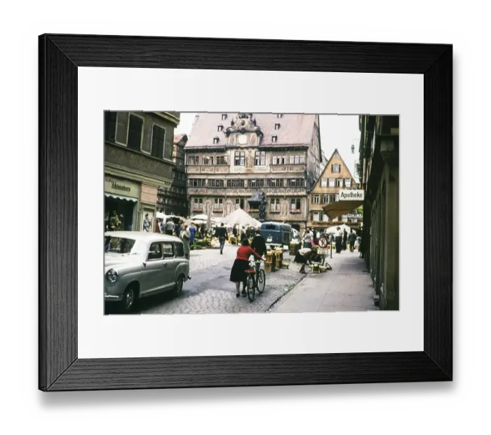 Framed Print : Historic city hall building and market place in old town, city of Tuebingen, Swabia, Deutschland, Europe 1959