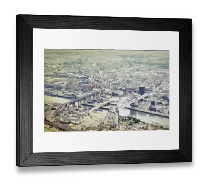 Framed Print : Series of oblique aerial views of sites associated with Hadrian's Wall, c. 1970s three bridges over the River Tyne, Newcastle city centre, Northumberland, England, United Kingdom from the south-east Framed Print : Series of oblique aerial views of sites associated with Hadrian's Wall, c. 1970s three bridges over the River Tyne, Newcastle city centre, Northumberland, England, United Kingdom from the south-east