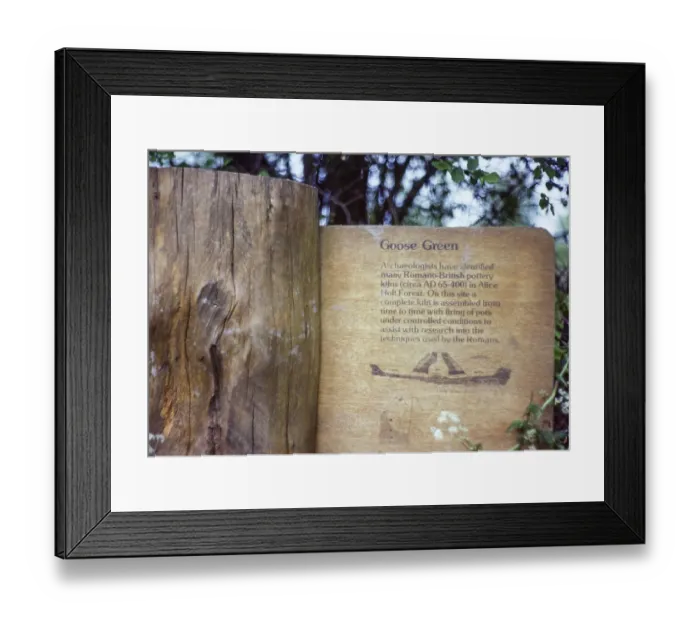 Framed Print : Information board in Goose Green about Roman British pottery kilns, Alice Holt Forest, Farnham, Surrey, England, UK 1983