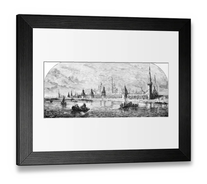 Framed Print : View across the Moskva River to the Kremlin in Moscow, capital with seat of government, city wall with towers, political centre, rowing boats, sailing ships, geography, Russia, historical illustration 1888, Europe