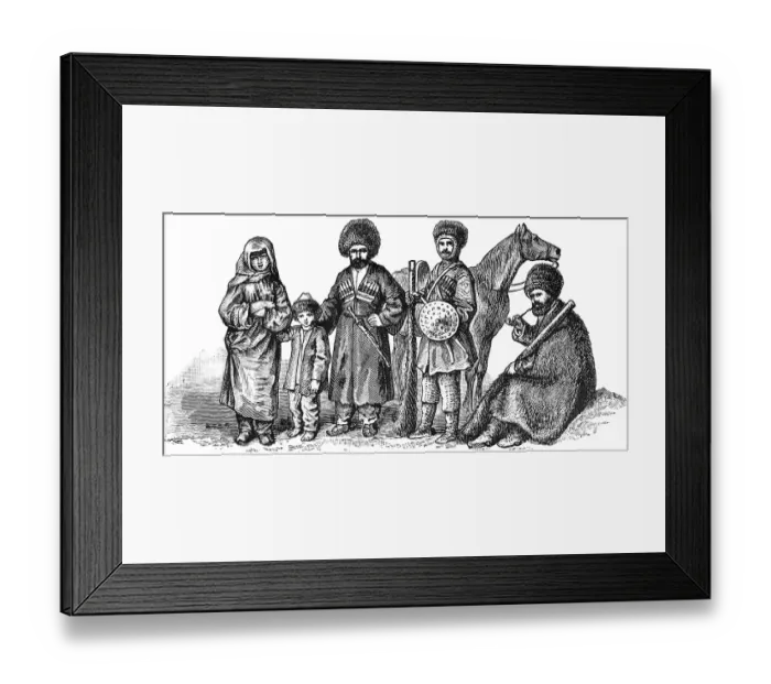 Framed Print : Portrait of a group of Caucasians with men, woman and child, inhabitants of the Caucasus region, habitat Caucasia in the states of Russia, Georgia, Azerbaijan, Armenia and Turkey, traditional clothing, long coat, fur hat, weapons, sword, shield