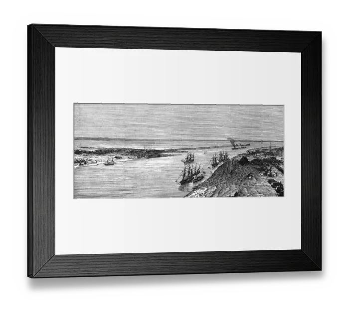 Framed Print : Mouth of the Sulina River within the Danube Delta into the Black Sea, shipping traffic, three-master, village, geography, Romania, historical illustration 1888, Europe Framed Print : Mouth of the Sulina River within the Danube Delta into the Black Sea, shipping traffic, three-master, village, geography, Romania, historical illustration 1888, Europe
