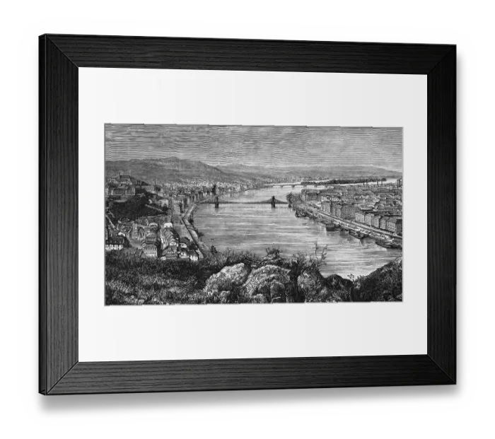 Framed Print : View from above of the Hungarian capital Budapest on the Danube, Danube bridge, river bank with promenade, mountain landscape, geography, Eastern Europe, Hungary, historical illustration 1888, Europe Framed Print : View from above of the Hungarian capital Budapest on the Danube, Danube bridge, river bank with promenade, mountain landscape, geography, Eastern Europe, Hungary, historical illustration 1888, Europe