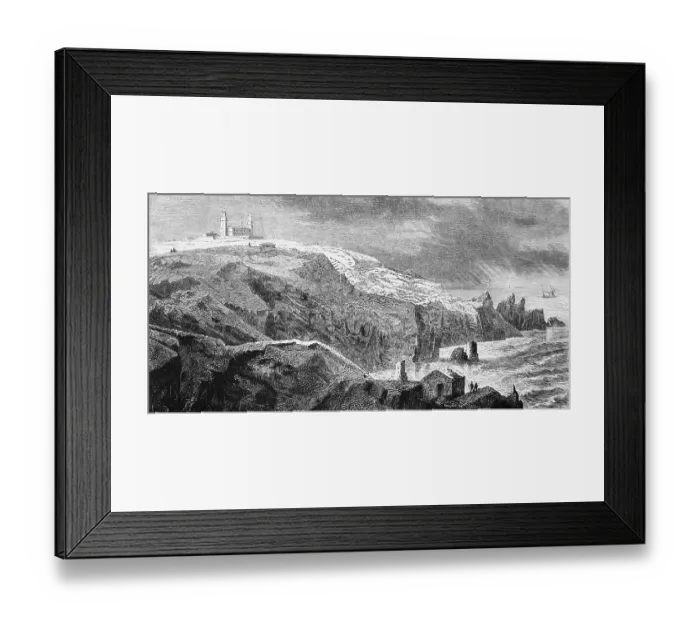 Framed Print : Lizard Point, Cape Lizard, the westernmost point of England, Cornwall, National Trust, lighthouse, cliff coast, single rocks, Atlantic Ocean, geography, historical illustration 1888