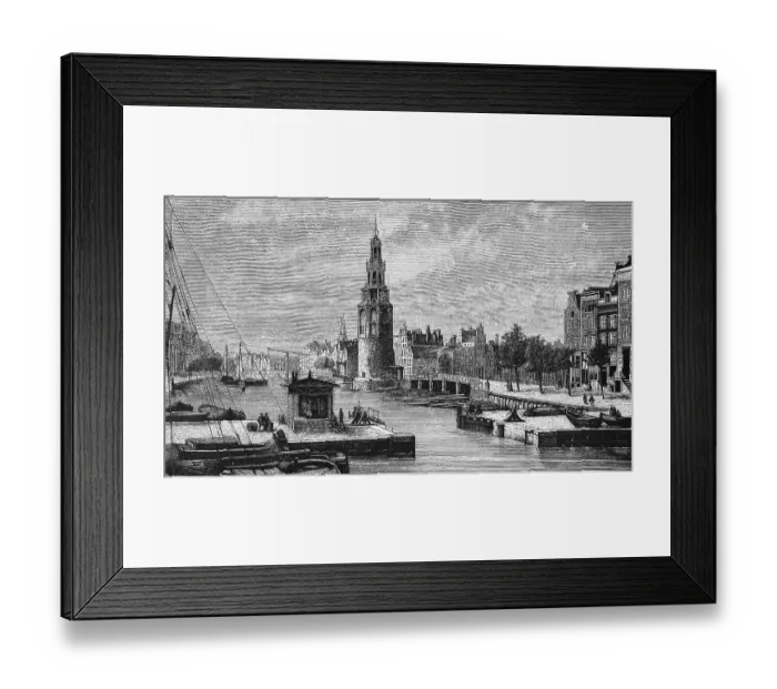 Framed Print : Harbour basin of the Dutch capital Amsterdam with Montelbaanstoren tower, lock, shipping traffic, promenade, cityscape, geography, Kingdom of the Netherlands, historical illustration 1888