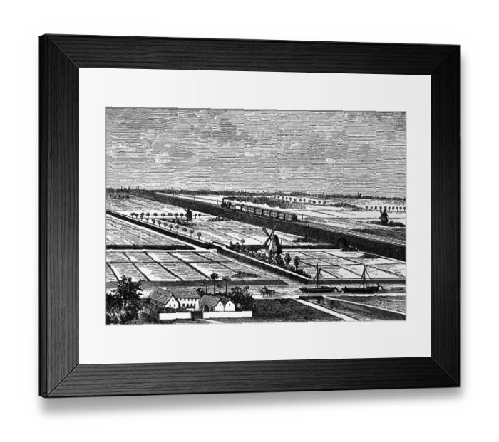 Framed Print : In the polders of Holland, agriculture on the fertile soils of the marshes, farm, windmill, rectangular arrangement, railway line with steam locomotive, drainage ditch, towage by horse, transport by boat, geography, Kingdom of the Netherlands