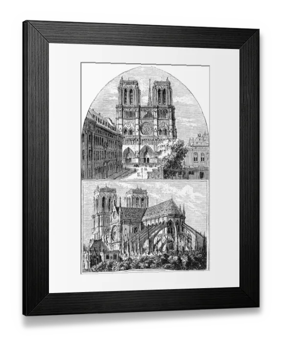 Framed Print : Gothic cathedral Notre Dame de Paris in front or west facade, rear view, double tower, flying buttresses, rose window, reconstruction, fire, architecture, geography, France, historical illustration 1888, Europe Framed Print : Gothic cathedral Notre Dame de Paris in front or west facade, rear view, double tower, flying buttresses, rose window, reconstruction, fire, architecture, geography, France, historical illustration 1888, Europe