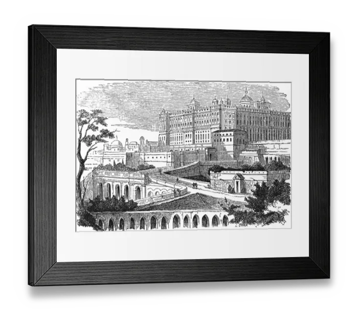 Framed Print : Residence of the King, Palacio Real, Royal Palace in the Spanish capital Madrid, architectural style baroque, high nobility, hill, wall, architecture, geography, Spain, historical illustration 1888, Europe