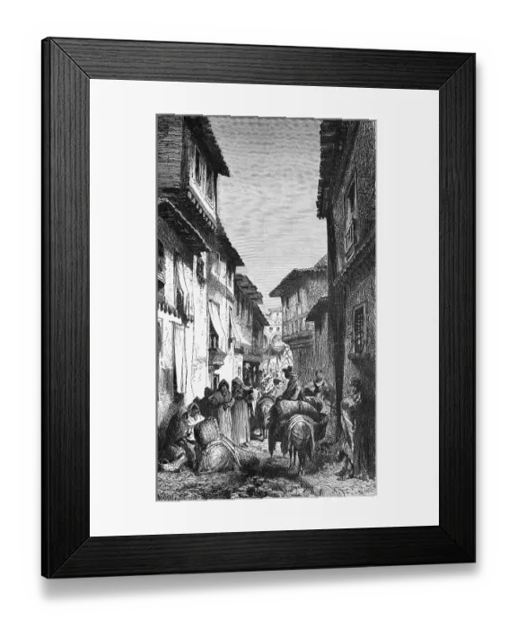 Framed Print : Narrow alley in a Spanish town, living in poverty, female traders, sale, pack animal donkey, many people, society, geography, Spain, historical illustration 1888, Europe