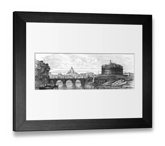 Framed Print : View over the Tiber Bridge, Aelius Bridge or Ponte Sant'Angelo, to St Peter's Basilica of the Vatican and Castel Sant'Angelo, in Rome, historical pedestrian bridge built 134 AD, Geography, Italy, historical illustration 1888, Europe