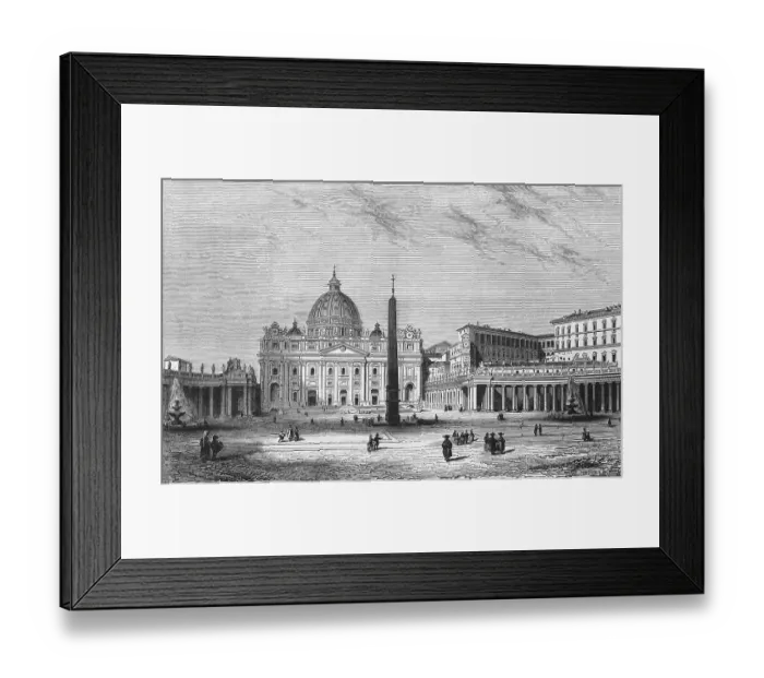 Framed Print : St Peter's Square with St Peter's Basilica in Vatican City within Rome, clergy, visitors, column with cross, water fountain, portico, geography, Vatican, Italy, historical illustration 1888, Europe