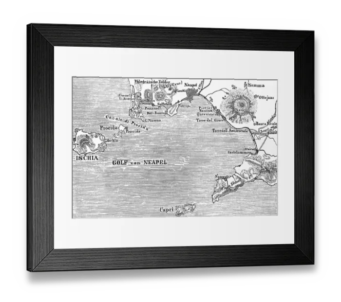 Framed Print : Topographic map of the Gulf of Naples with Vesuvius, islands of Capri and Ischia, geography, Italy, historical illustration 1888, Europe Framed Print : Topographic map of the Gulf of Naples with Vesuvius, islands of Capri and Ischia, geography, Italy, historical illustration 1888, Europe