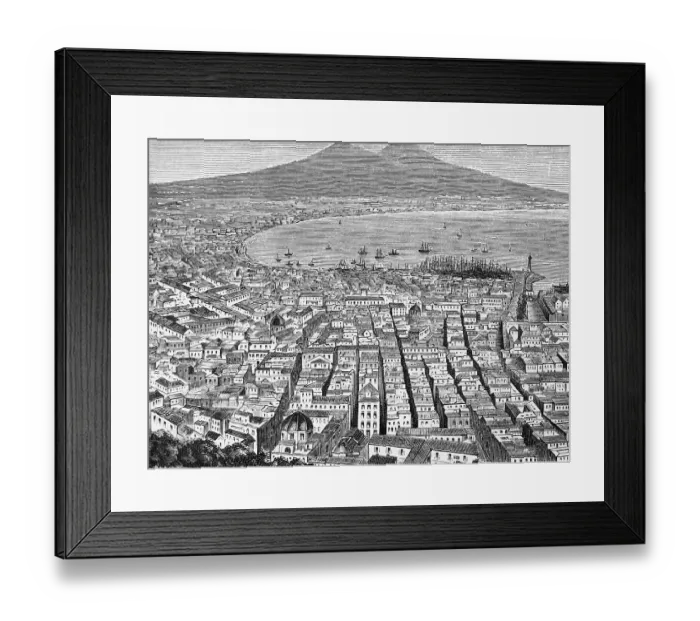 Framed Print : View of the city of Naples, the Gulf of Naples and Mount Vesuvius, view from above, houses, streets, ground plan, Mediterranean Sea, geography, historical illustration 1888 Framed Print : View of the city of Naples, the Gulf of Naples and Mount Vesuvius, view from above, houses, streets, ground plan, Mediterranean Sea, geography, historical illustration 1888