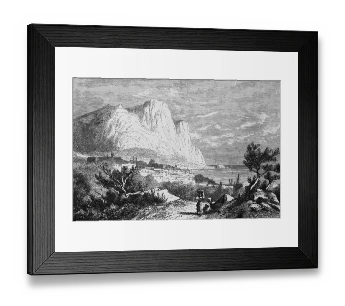 Framed Print : Mediterranean island of Capri in the Gulf of Naples, landscape with limestone cliffs, town, sandy path, woman in traditional traditional costume, nature, geography, Italy, historical illustration 1888, Europe