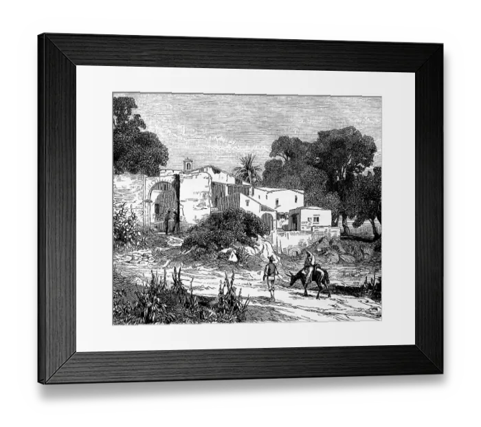 Framed Print : Village scene on the Mediterranean island of Sicily, building with small church, Tor tor, whitewashed houses, sandy path, packhorse, locals, trees, palm tree, geography, Italy, historical illustration 1888, Europe