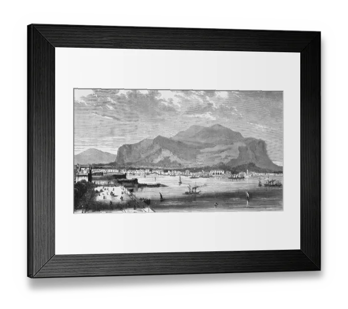 Framed Print : Landscape with city view of Palermo with the mountain Monte Pellegrino, capital of the Mediterranean island Sicily, Tyrrhenian Sea, promenade, steamboat, sailing ships, bay, geography, Italy, historical illustration 1888, Europe