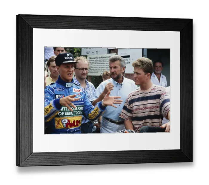 Framed Print : Formula 1 driver Michael Schumacher in a blue racing suit talking to his manager Willi Weber (centre) and his brother Ralf Schumacher (right), here visiting the karting track in Kerpen in July 1994, Germany, Europe Framed Print : Formula 1 driver Michael Schumacher in a blue racing suit talking to his manager Willi Weber (centre) and his brother Ralf Schumacher (right), here visiting the karting track in Kerpen in July 1994, Germany, Europe
