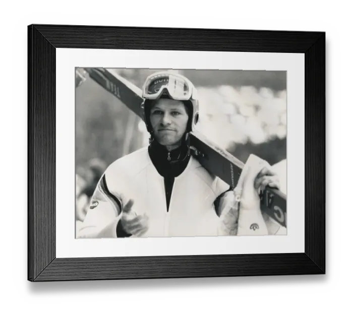 Framed Print : Ski jumping, World Cup, Hubert Schwarz (DEU) with skis on his shoulder, 1989, Germany, Europe